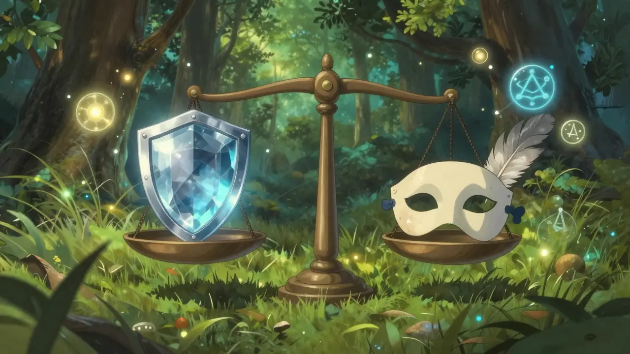 Magical Ghibli forest with a balance scale weighing security shield vs privacy mask