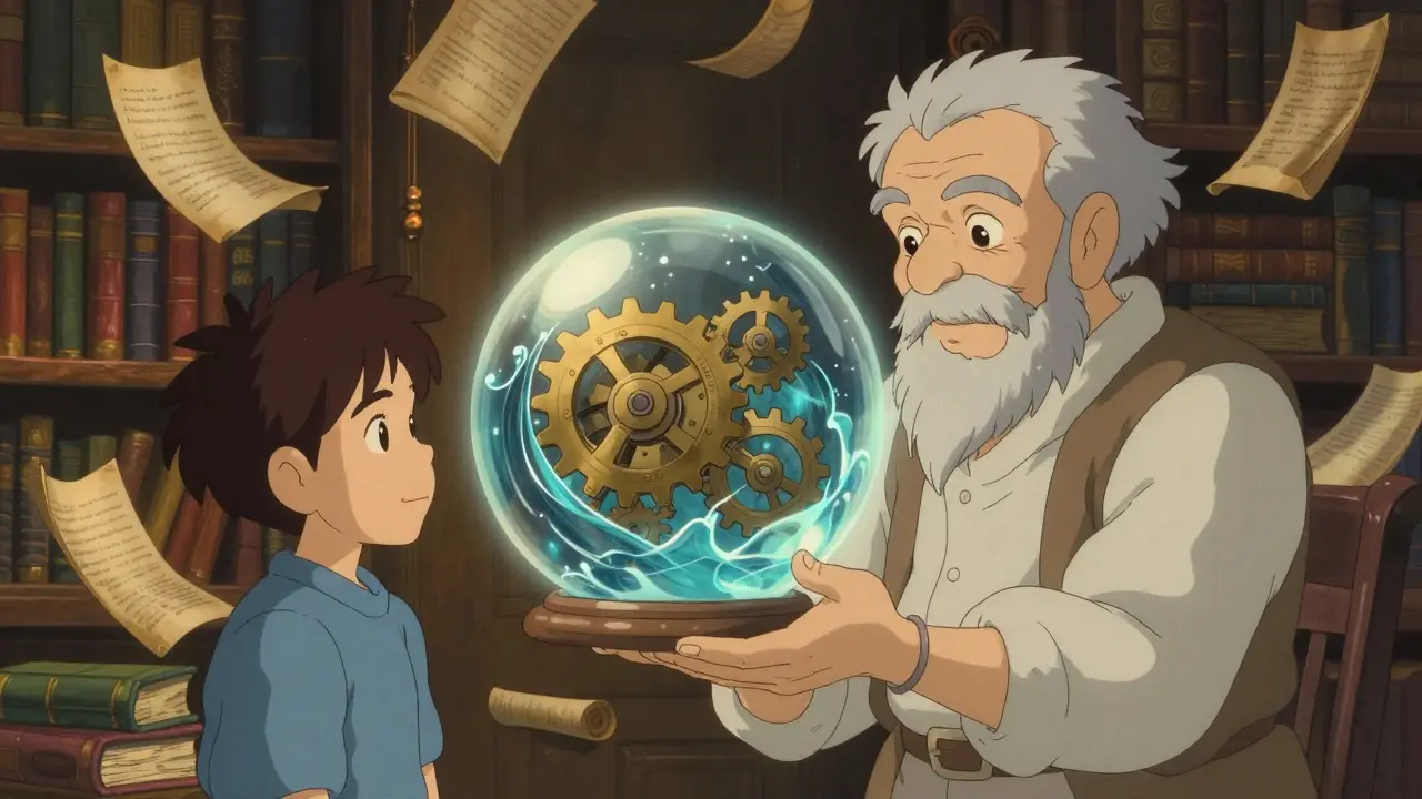 Mentor showing a crystal orb with vesting mechanics to an investor in a magical library