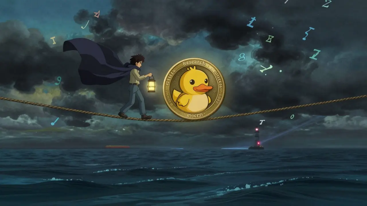 Person walking a tightrope over stormy seas, symbolizing crypto speculation risks