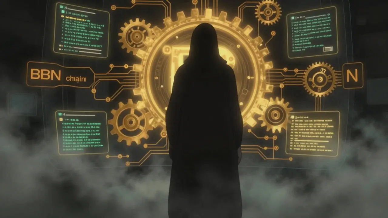 Shadowy figure examining glowing blockchain gears