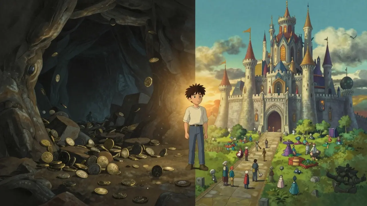 Split view contrasting a dark cave with a bright castle, showing project differences.