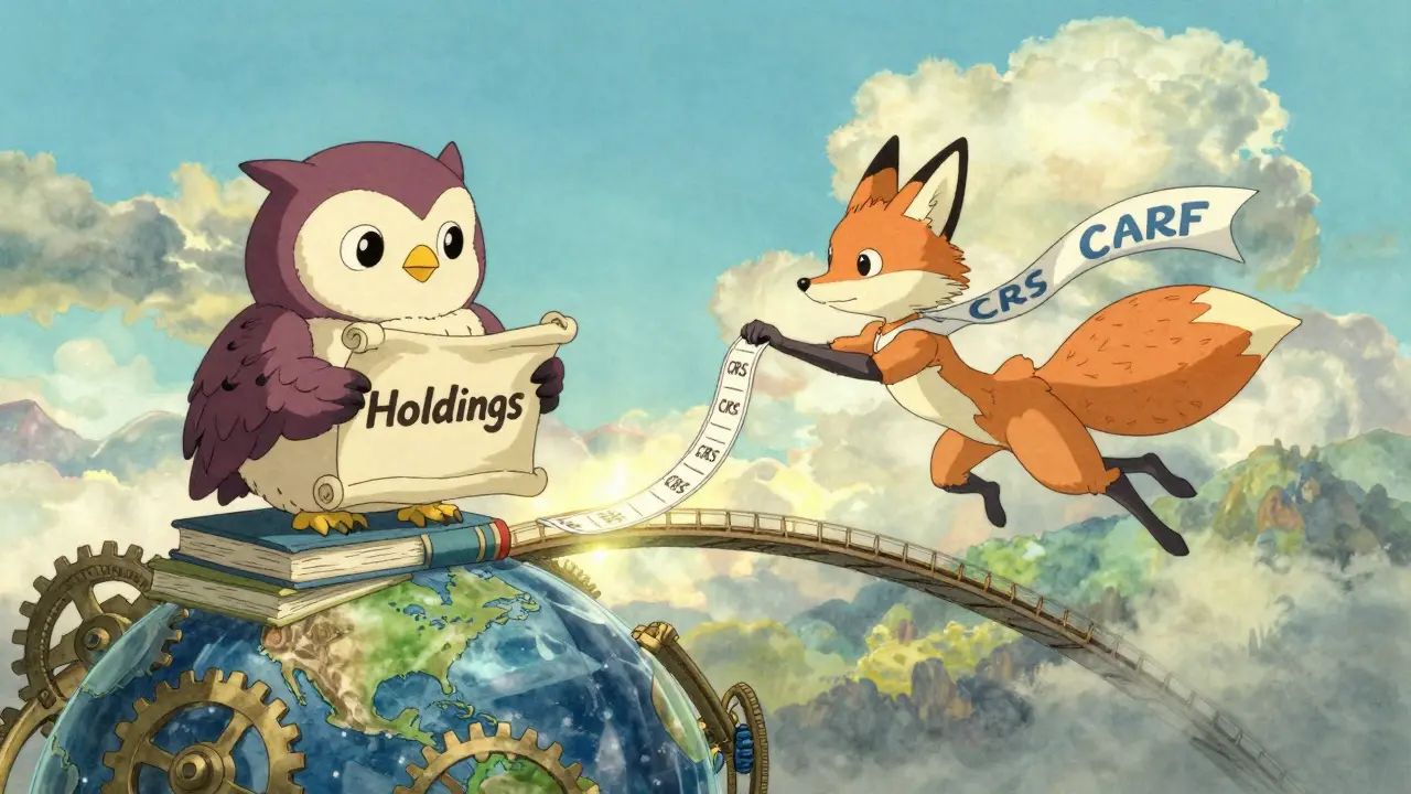 Two whimsical creatures representing CRS and CARF frameworks connected by light in a dreamy sky.