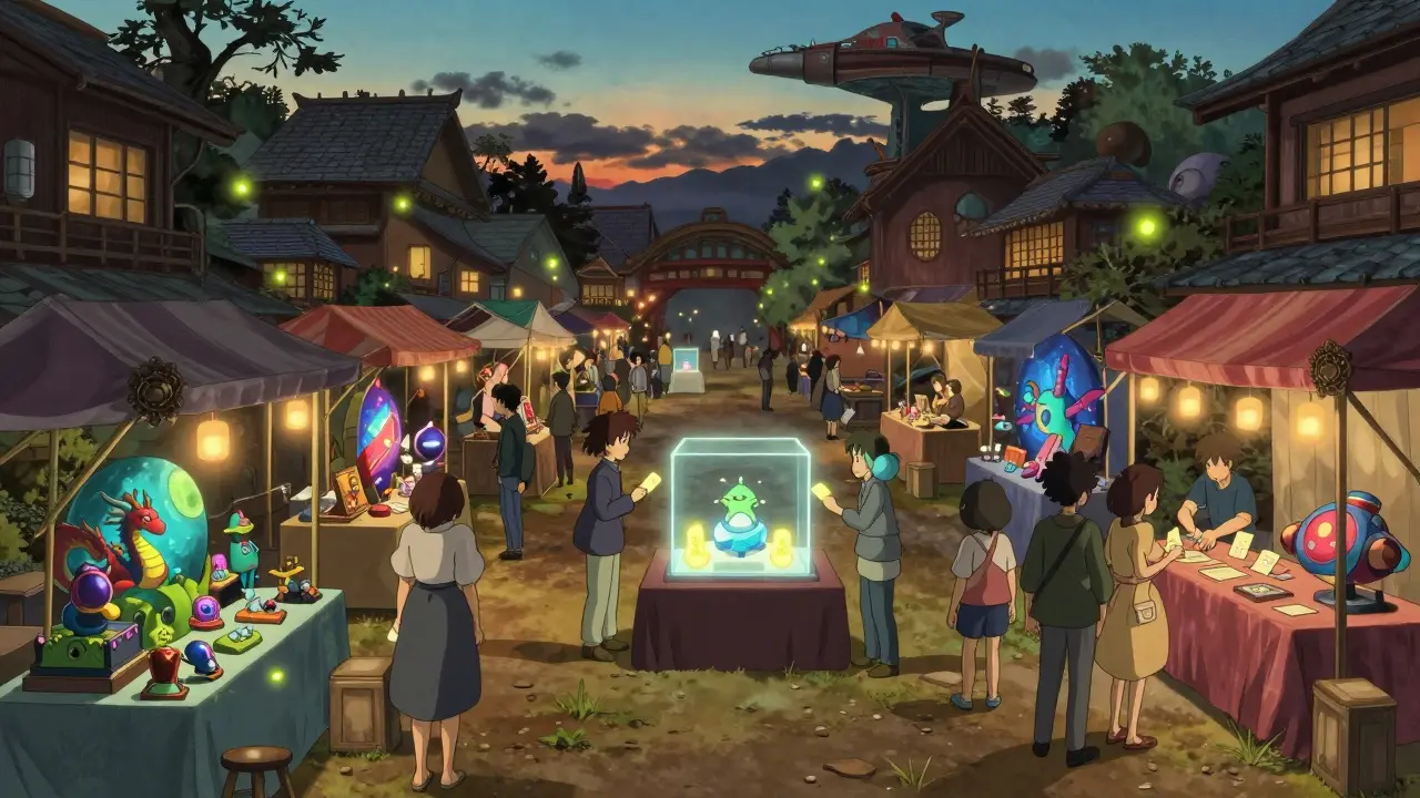 Vibrant marketplace with game concept stalls and a central voting box for project funding
