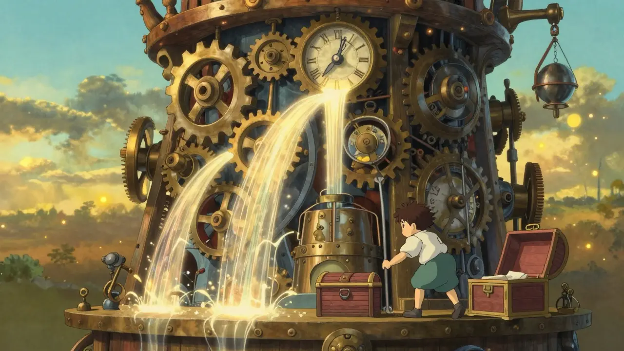 Whimsical clockwork mechanism illustrating efficient gas cost reduction in DeFi.