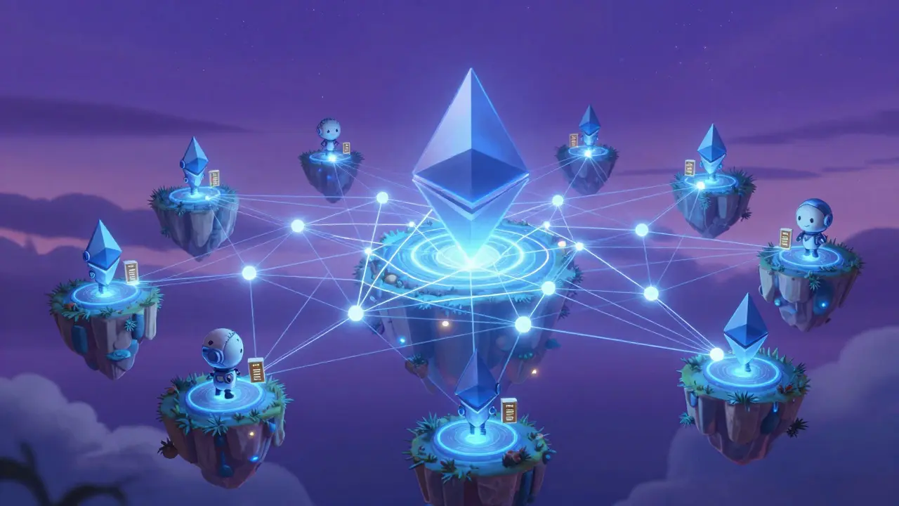 Whimsical Ghibli art of a glowing blockchain network connecting floating islands