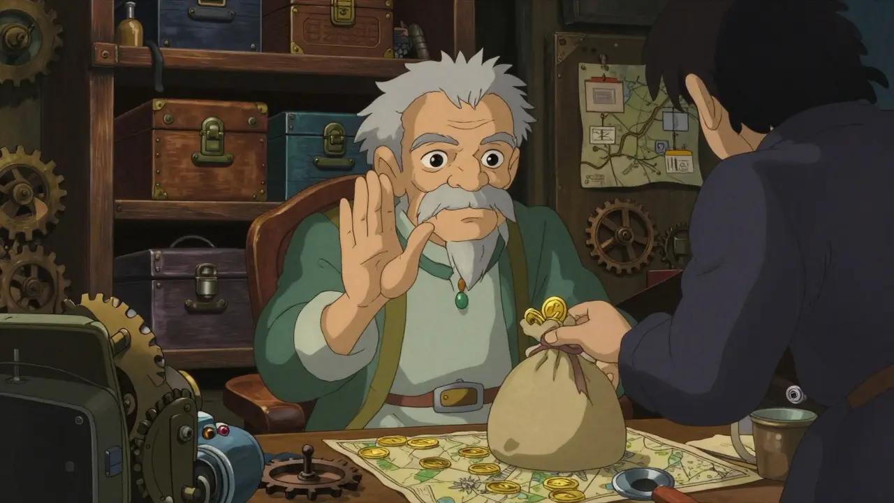 Wise Ghibli guardian warning against scams in a cozy workshop with secure storage