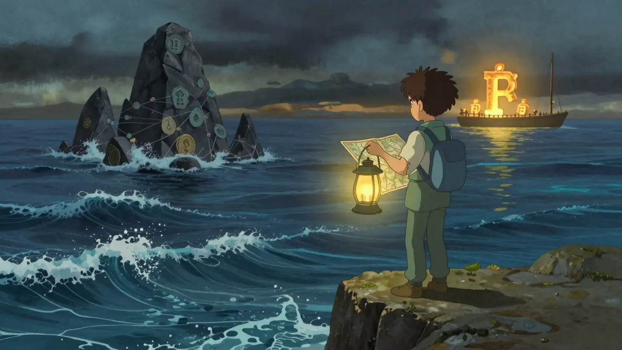 Young traveler with a lantern overlooking a digital sea