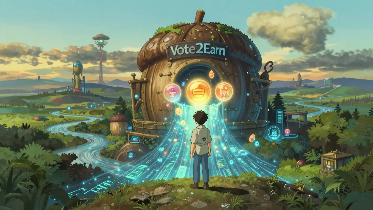 A character standing on a hill with glowing NFT tokens, overlooking a landscape of flowing data rivers.