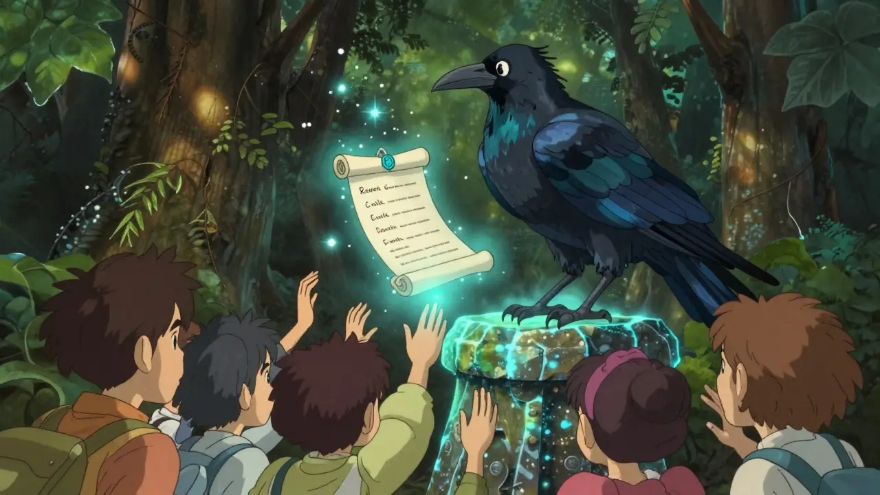 A mystical raven holding a glowing scroll on a pedestal, surrounded by people reaching for light.