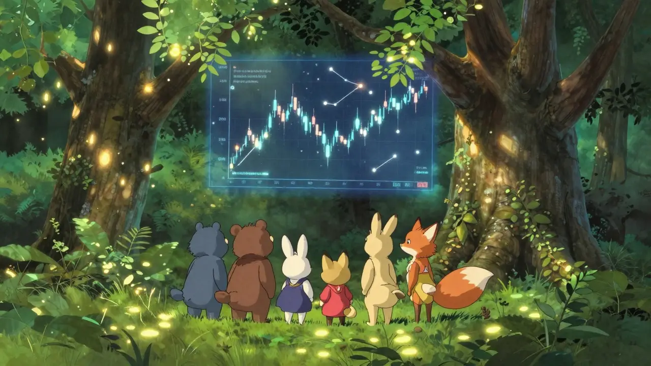 A peaceful Studio Ghibli landscape featuring various animal characters gathering under a glowing tree to view star-like financial data, depicting institutional backing and community trust.