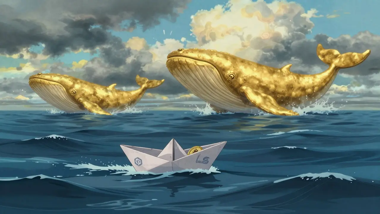 A tiny boat drifting on a vast ocean near giant golden whales, symbolizing crypto market risks.
