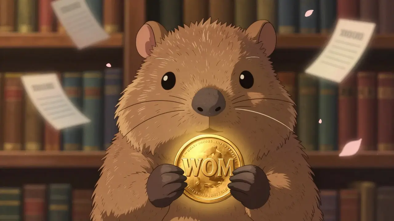 A warm, detailed Studio Ghibli portrait of a wombat holding a glowing WOM token, surrounded by floating voting ballots, illustrating token utility and governance.