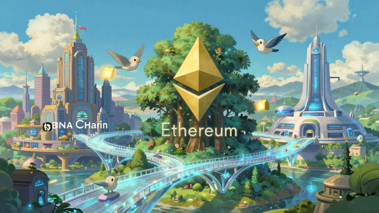 A whimsical Studio Ghibli scene showing three distinct blockchain worlds connected by magical light bridges and messenger birds, symbolizing secure cross-chain stability via Wormhole.