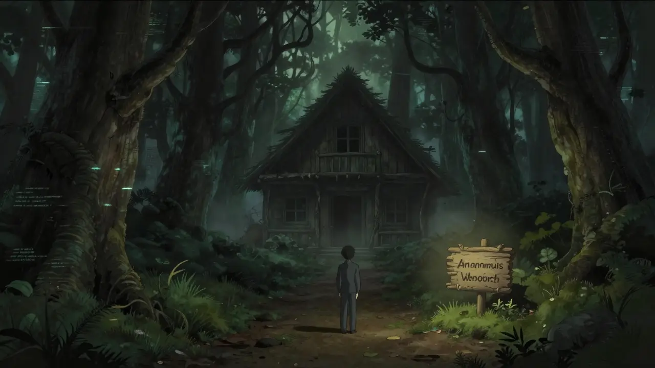 An anonymous cabin in a dark forest representing hidden risks
