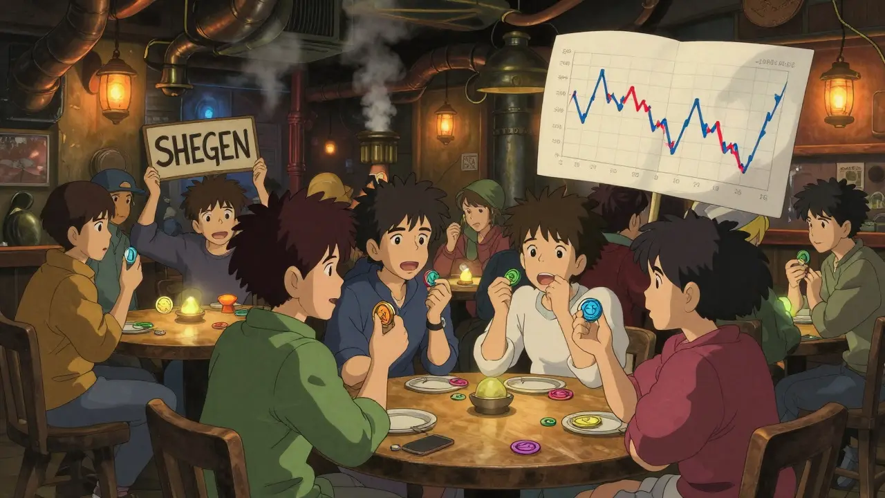 Anime characters gathering in a warm tavern, excitedly discussing volatile meme coins.