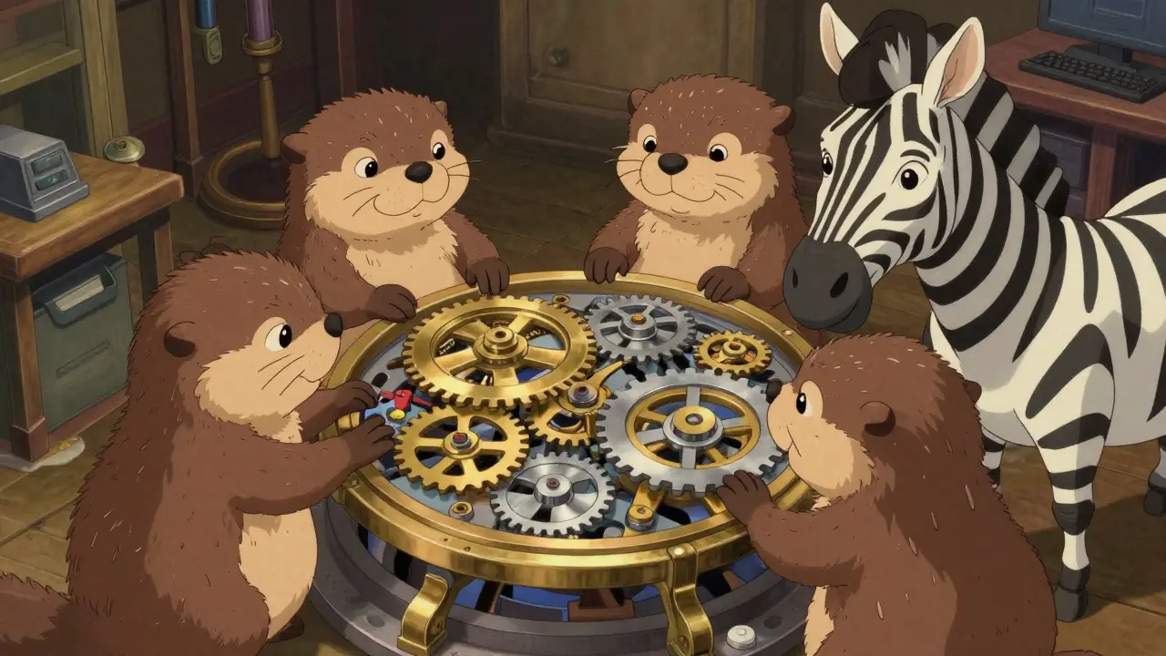 Anthropomorphic animals inspecting intricate clockwork gears representing DeFi security audits