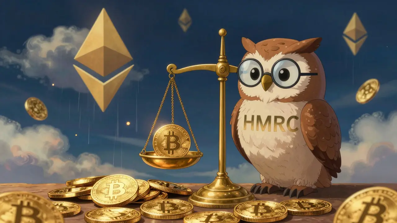 Anthropomorphic owl weighing crypto coins in a dreamy Ghibli landscape