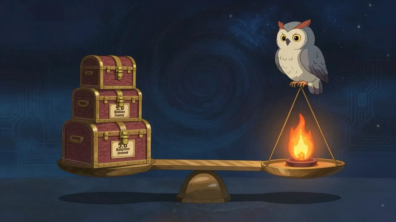 Balance scale weighing token supply against demand in anime style