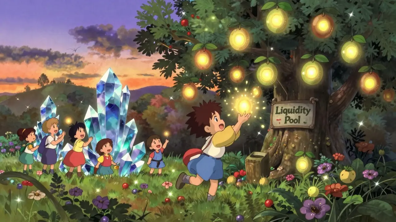 Character harvesting glowing BABY tokens from a liquidity pool tree