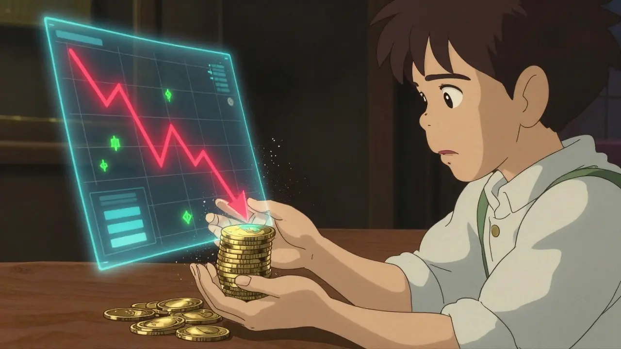 Character worried about falling crypto charts and dissolving coins in Studio Ghibli art style