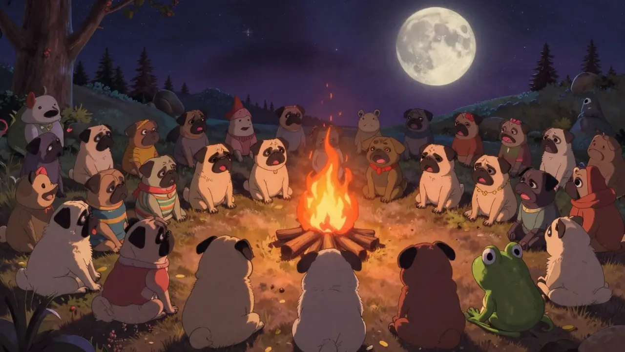 Community of animals around fire in Ghibli style