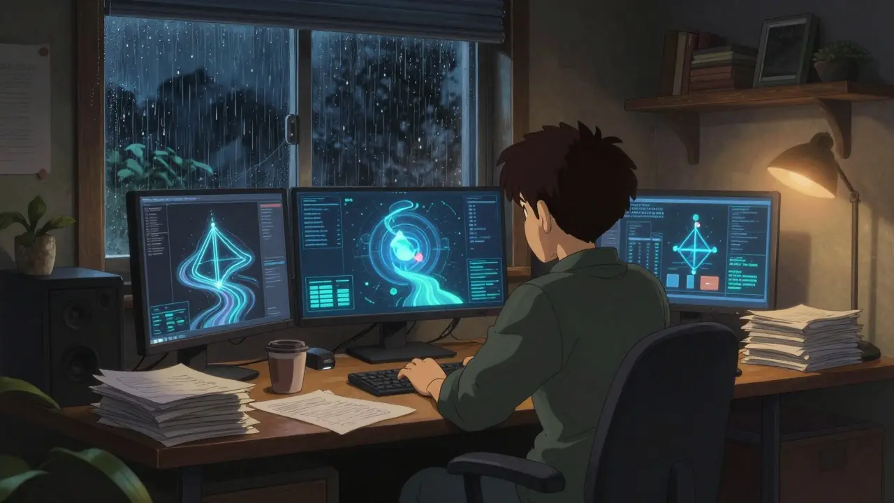 Cozy Ghibli-style office scene with character analyzing blockchain data streams on monitors during a rainy night.