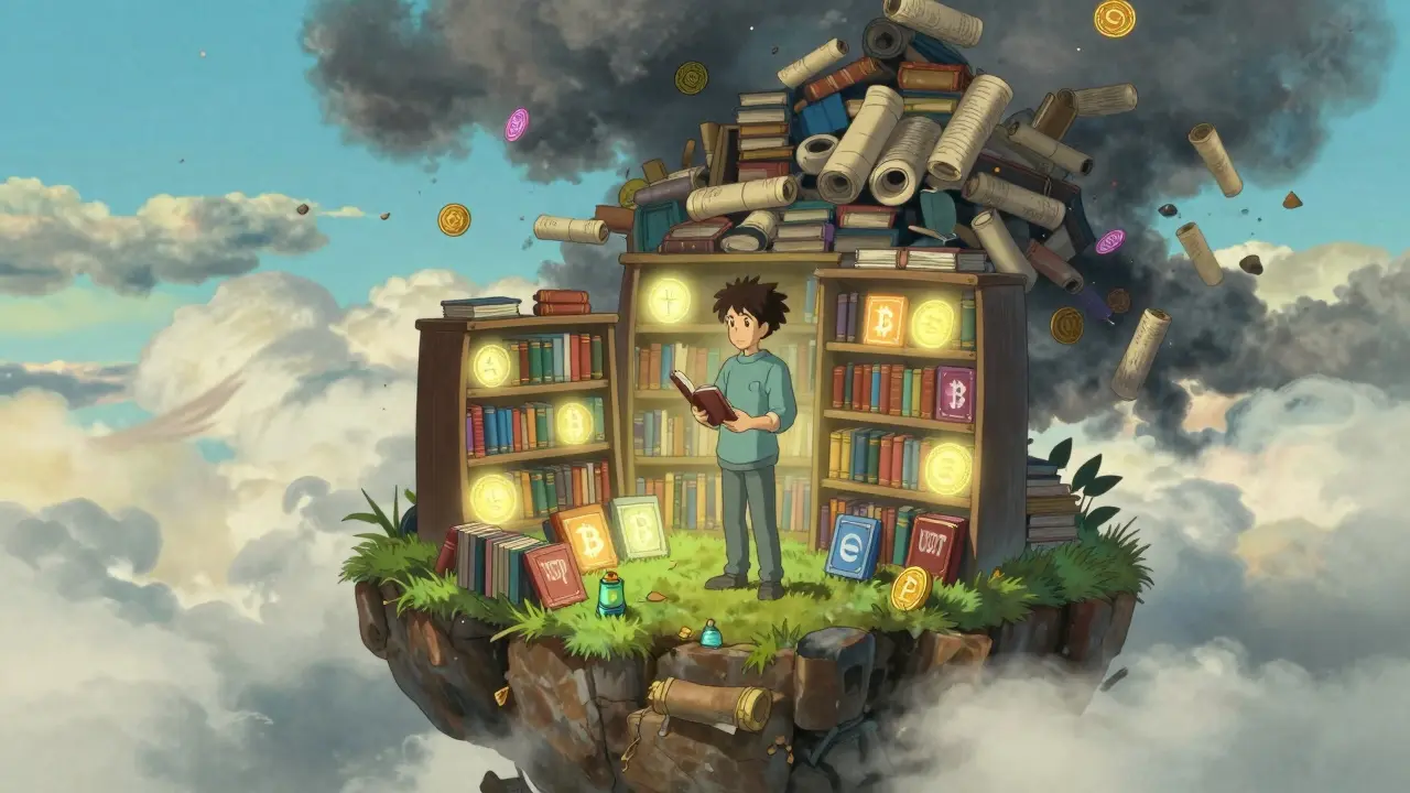 Curated crypto assets on a peaceful floating island in Ghibli style
