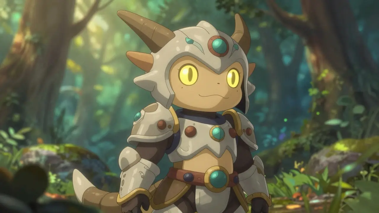 Cute armored creature companion in a mystical forest setting