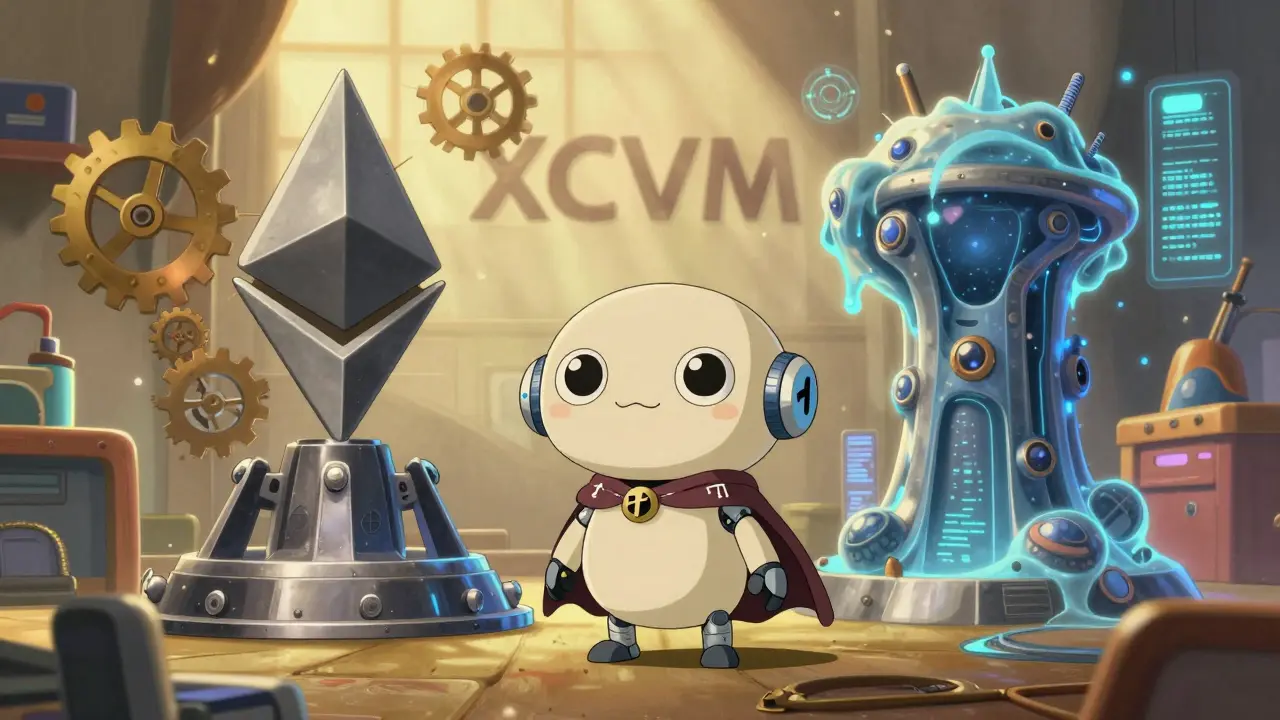 Cute robot guardian translating between blockchain structures in anime style