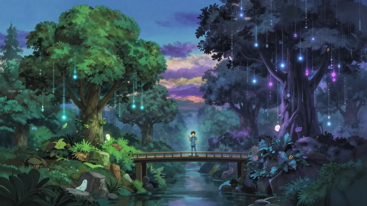 Fantasy anime landscape showing a bridge between stable and volatile zones