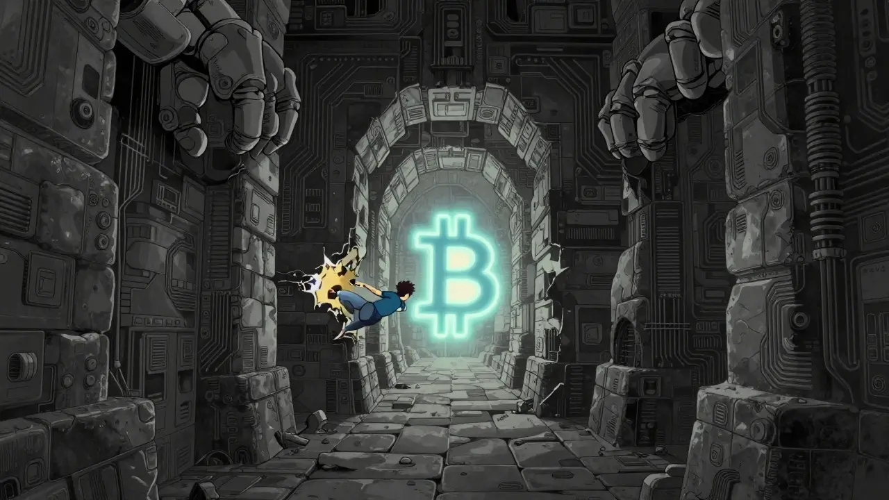 Figure climbing collapsing tunnel through giant firewall wall towards crypto light