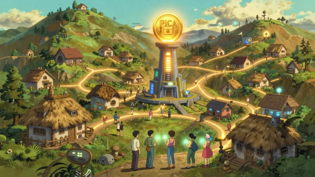 Futuristic village with glowing paths representing DeFi and staking in Ghibli style