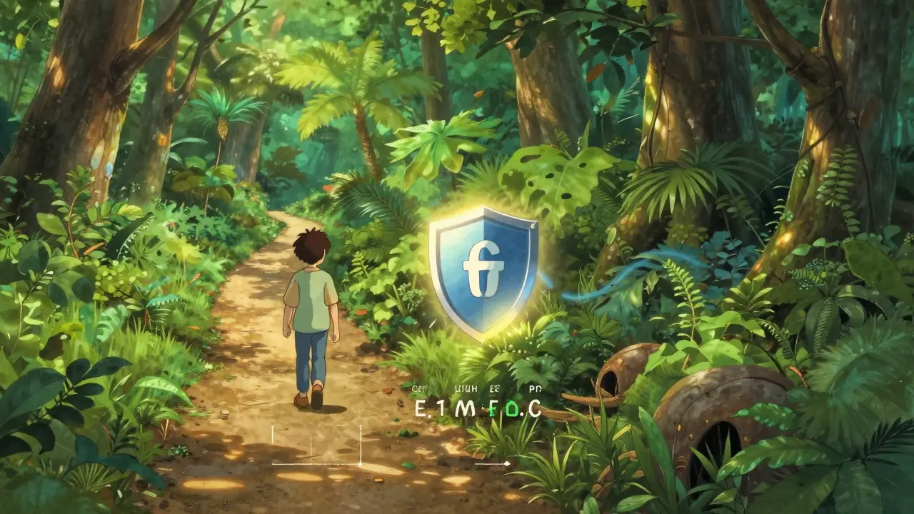 Ghibli-style forest path showing safe vs risky crypto trading routes