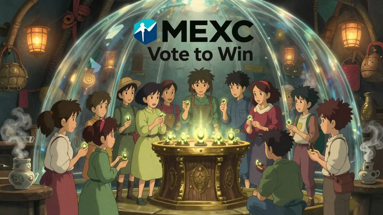 Ghibli-style marketplace with characters voting with tokens