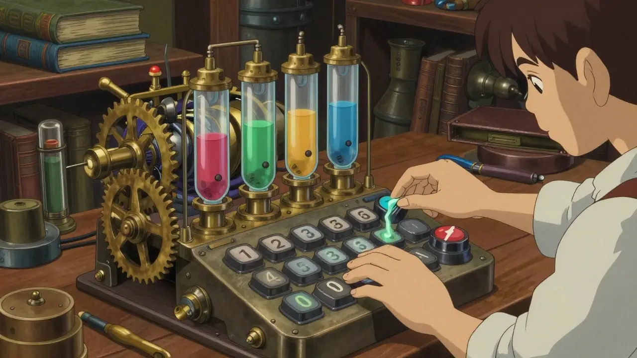 Ghibli style mechanical calculator balancing colorful liquid assets