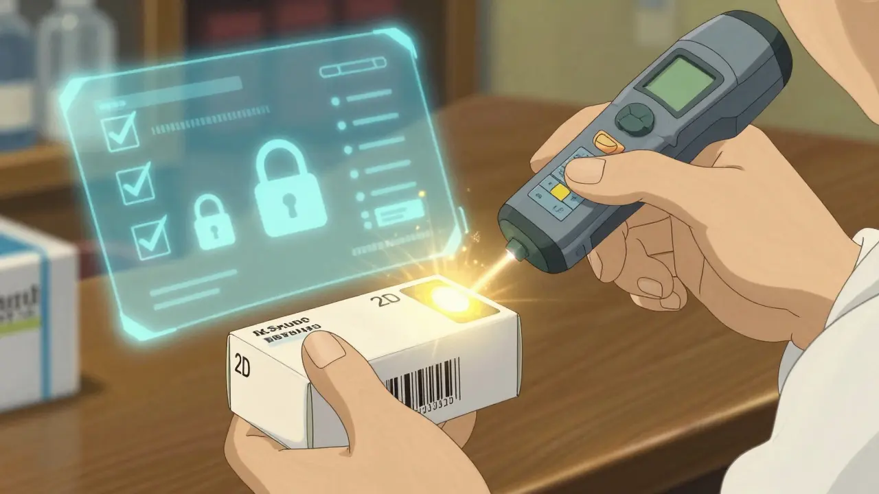 Hand scanning medicine box with a glowing verification effect.