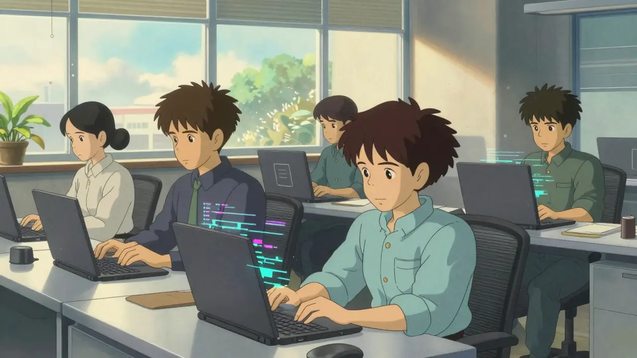 IT workers in office with subtle digital glitches revealing hidden identity