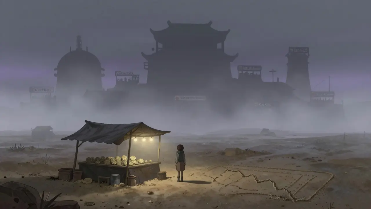 Lonely trader at a dusty stall in a foggy digital market