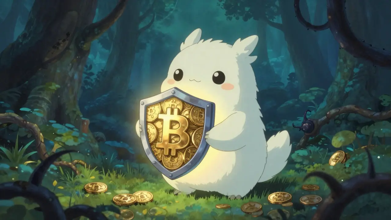 Magical creature shielding a digital wallet from phishing threats in Ghibli style