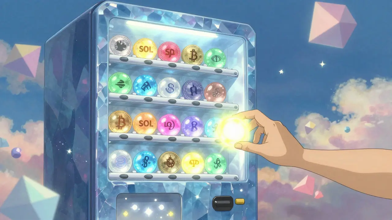 Magical crystal vending machine dispensing glowing crypto orbs in Ghibli style