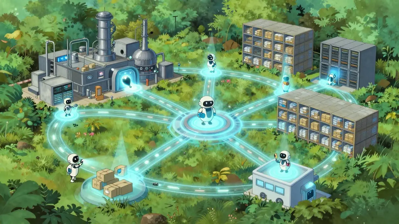 Magical glowing threads connecting factories and hospitals in anime style.