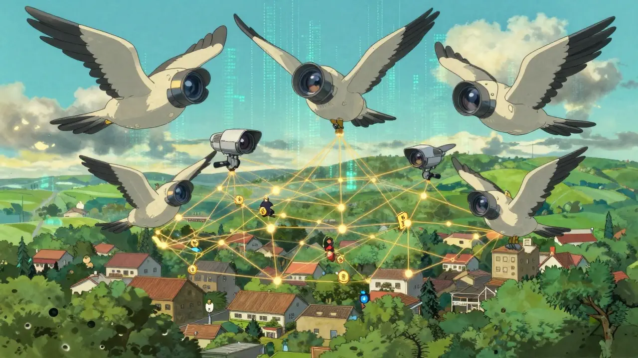 Mechanical birds tracking digital transactions
