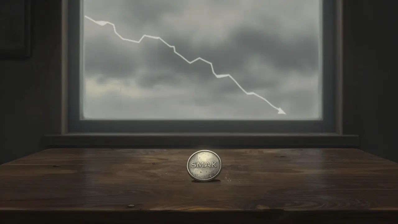 Melancholic Ghibli scene showing a lone, dusty token on a table under a grey, silent sky.