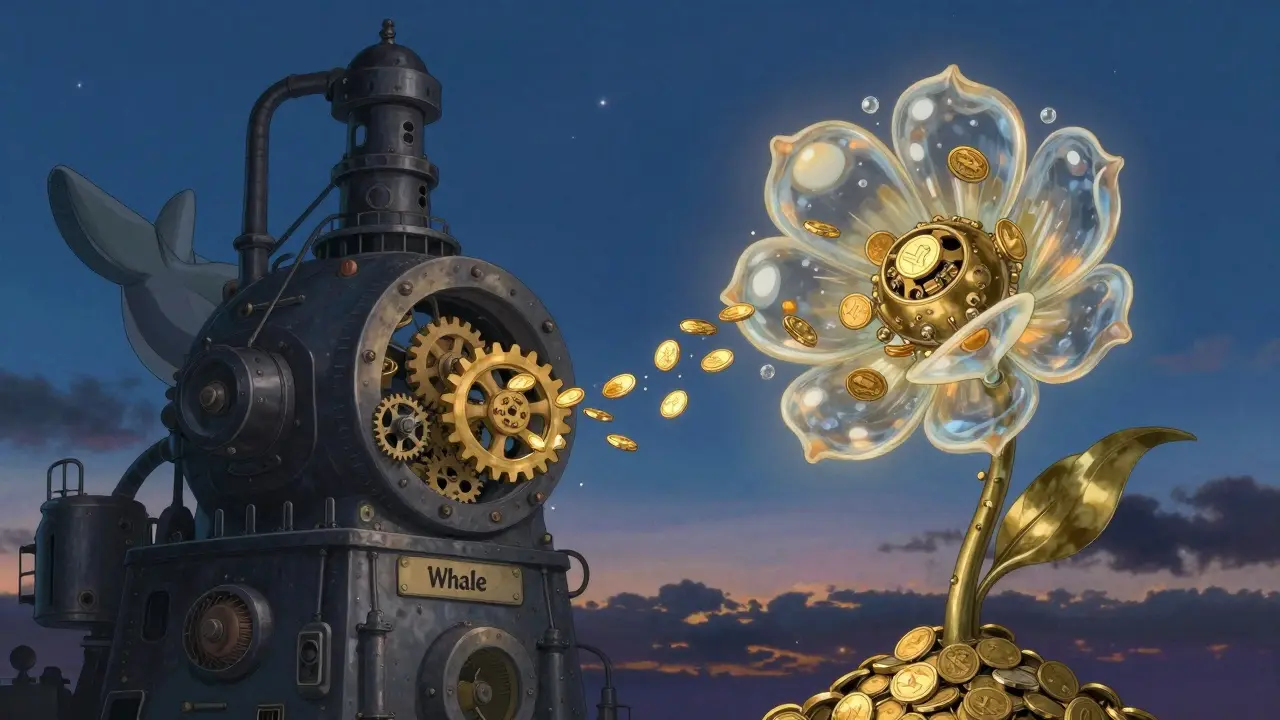 Metaphor of smooth small crypto trades vs heavy machinery in anime style