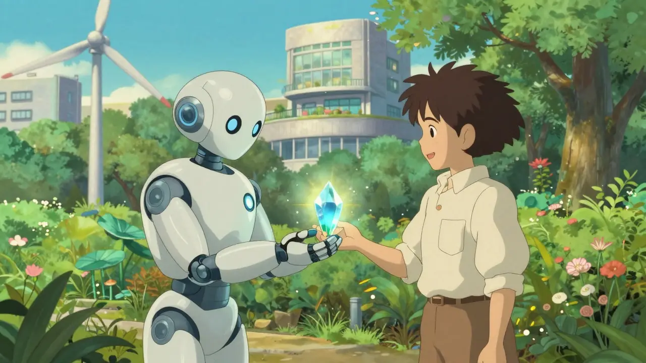 Optimistic Ghibli-style image of a robot handing a glowing crystal in a green garden, representing easy future tax compliance.
