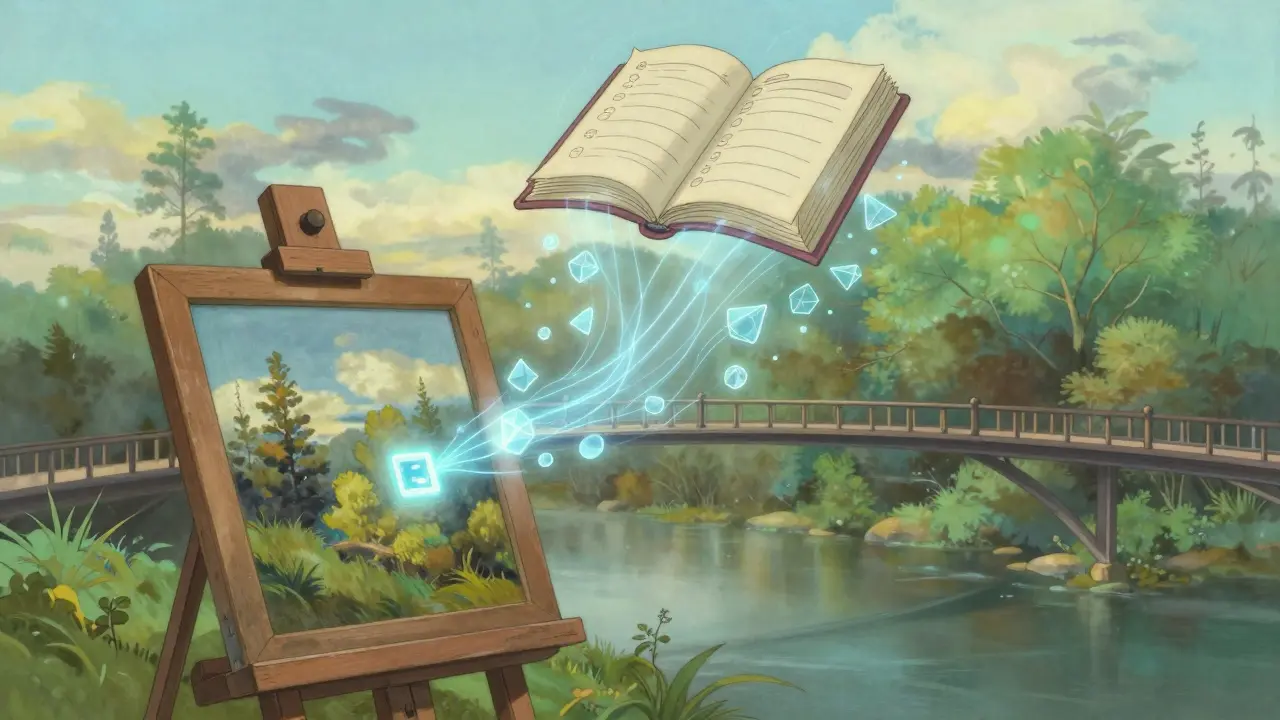 Painting with glowing chip connected to ethereal data streams