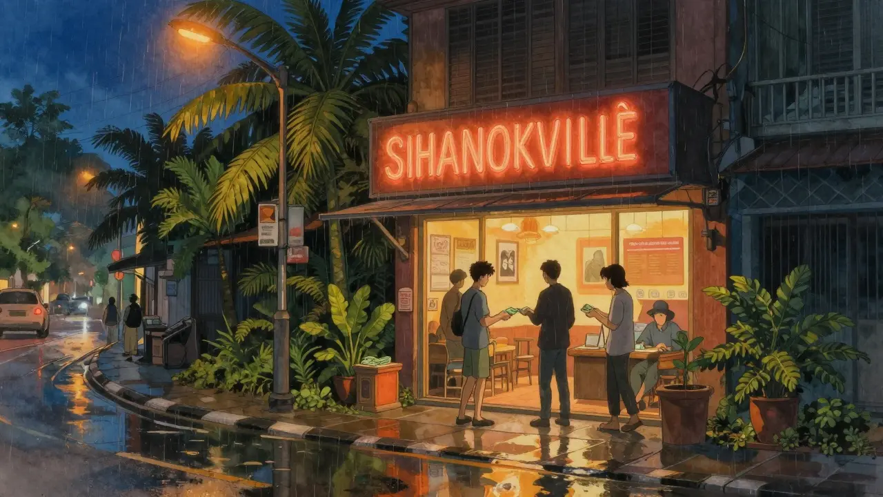Rainy street scene in Cambodia with crypto exchange storefront at night