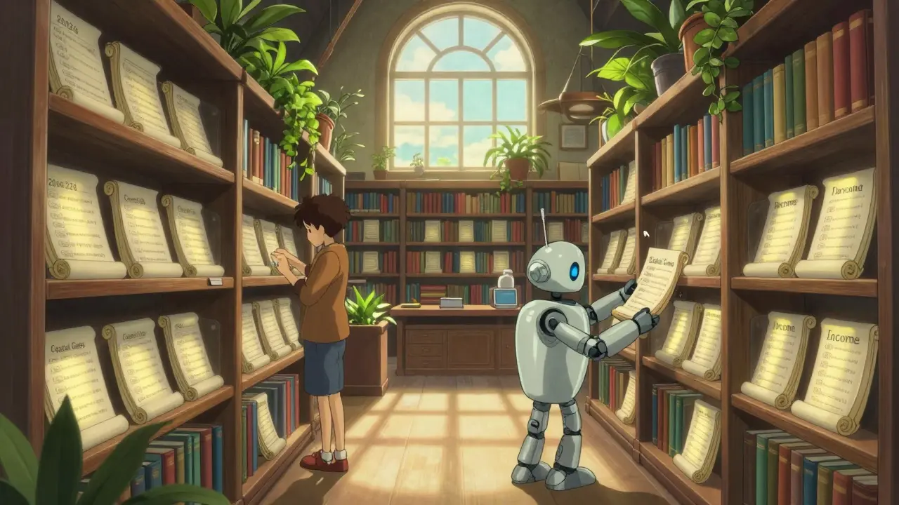 Robot organizing glowing tax records in a lush, sunlit library