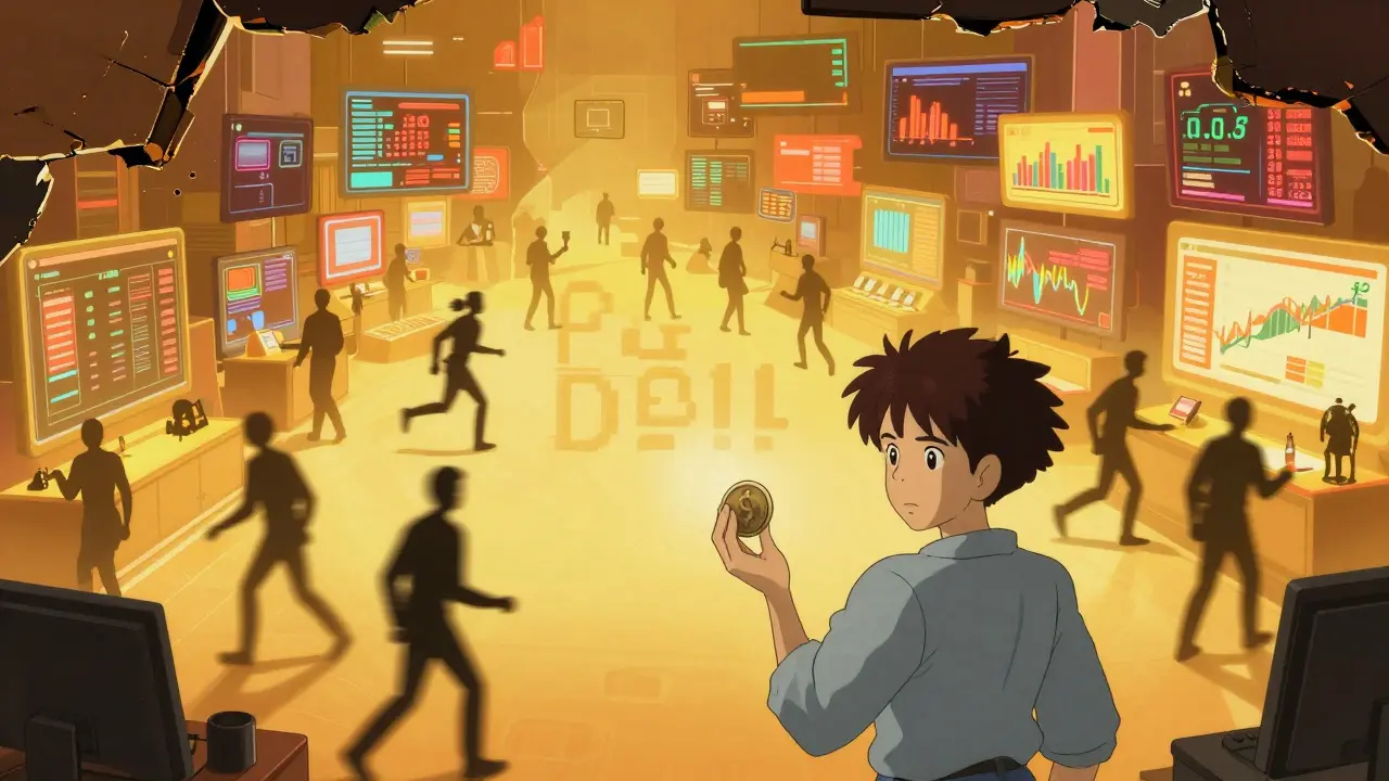 Robotic figures trading in a fake, crumbling digital market