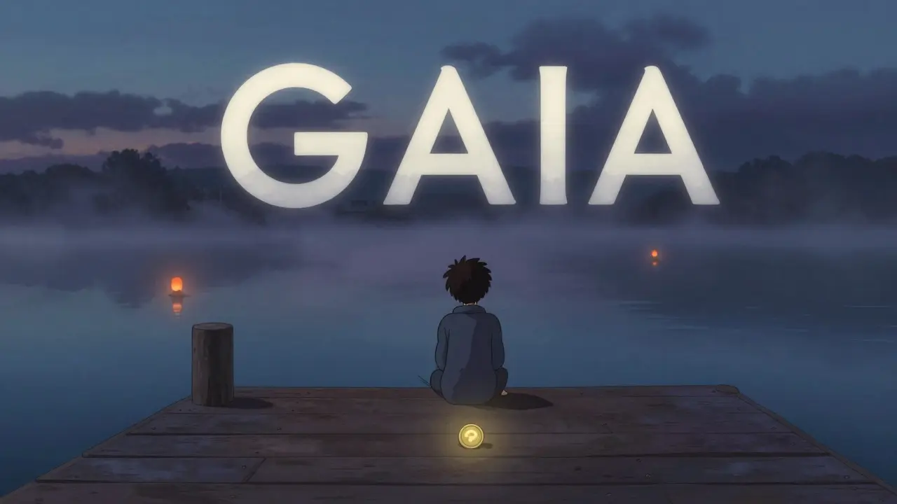 Solitary figure on a dock at twilight with floating lanterns